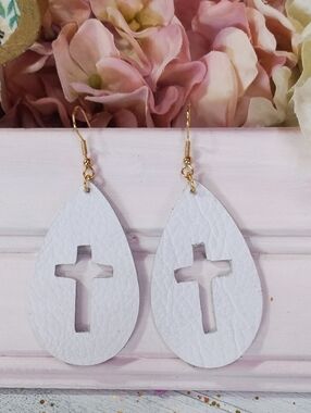 White Leather Teardrop Cross Cutout Earrings